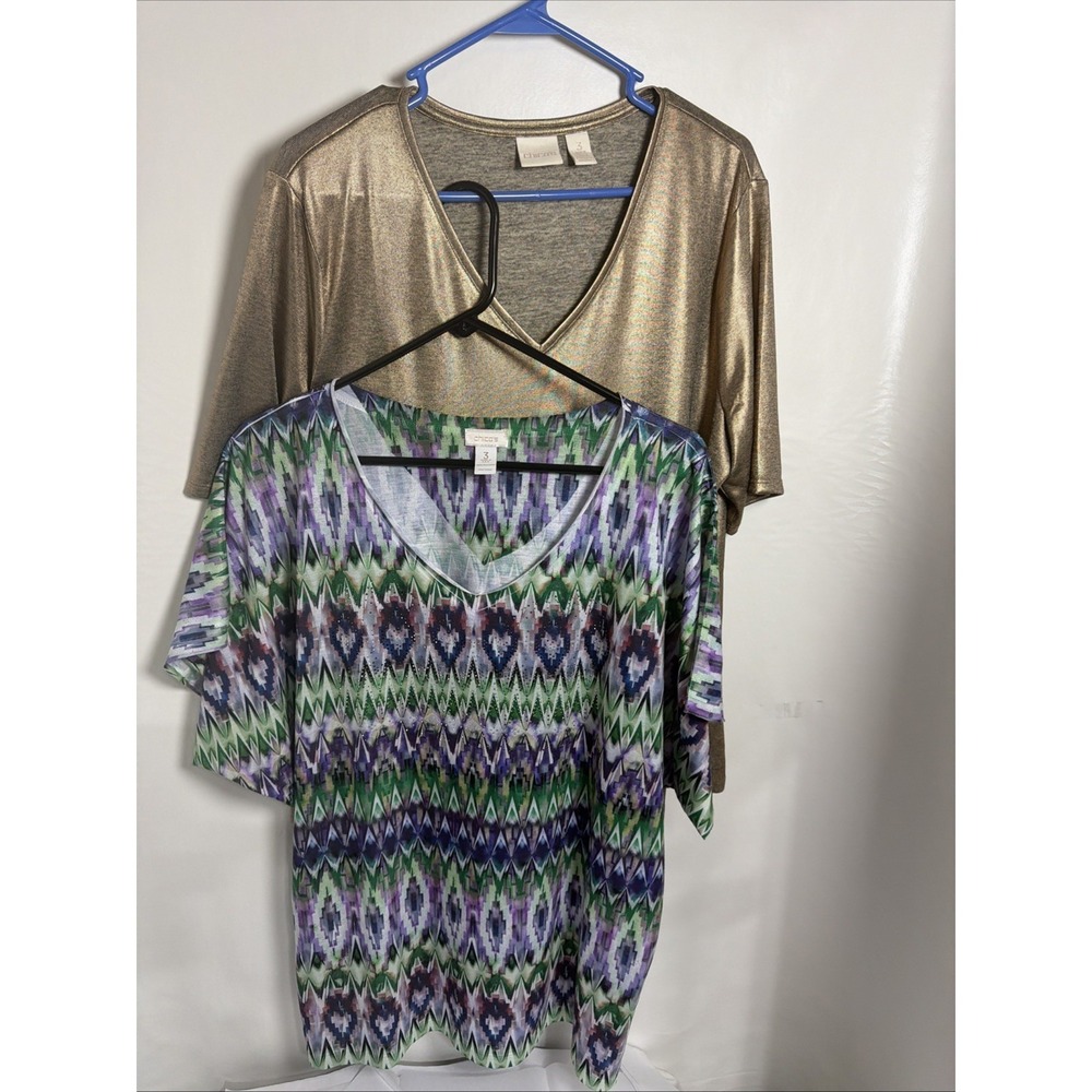 2 Chico's Womens Print Tops SSleeve V Neck Gold And Geo Blouse Pullover (3) XL